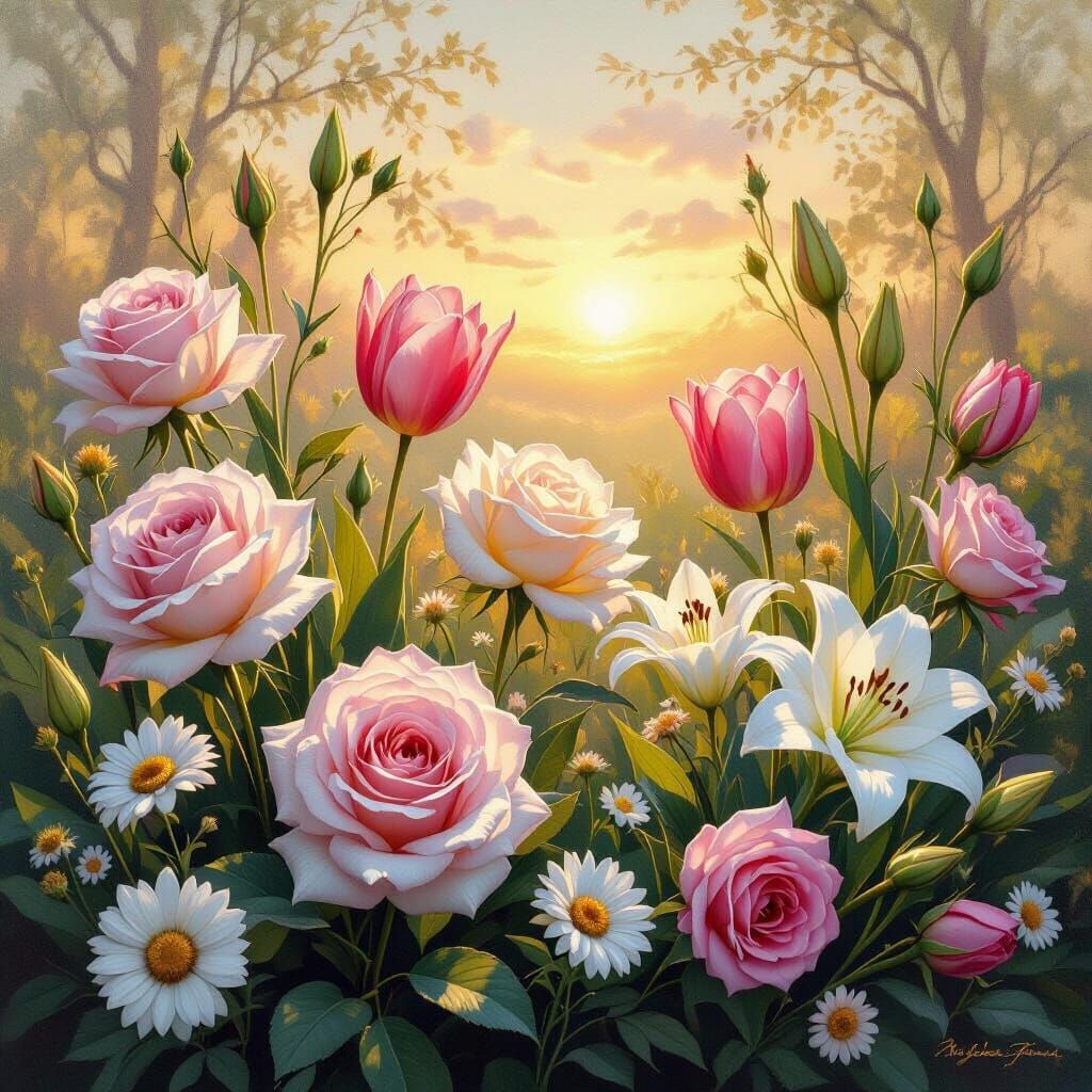 Elegant Floral Sunrise Oil Painting