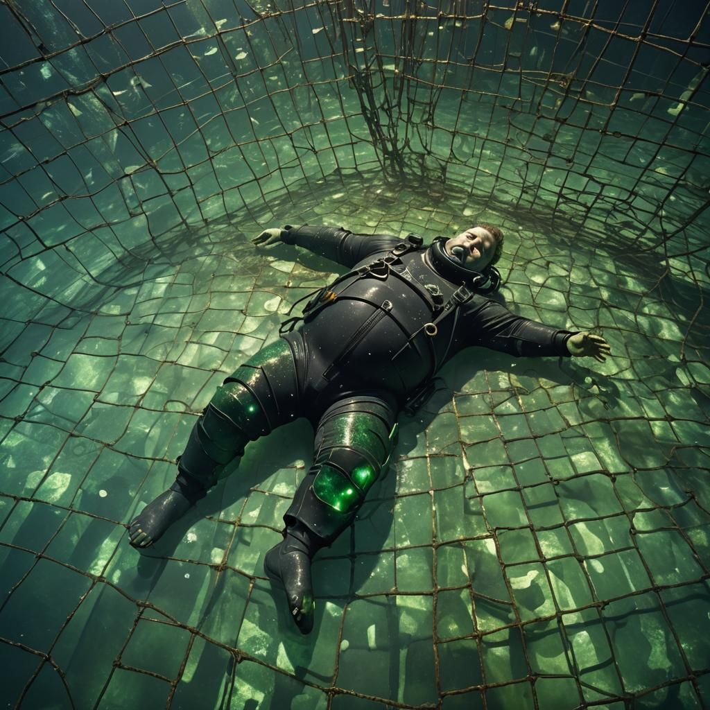 Overweight Diver in Matrix-Like Surrealism