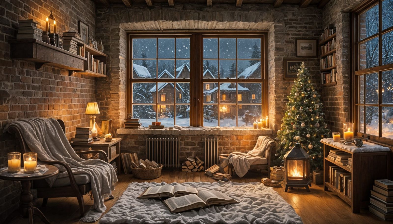Triptych of Cozy Scenes with Firelight and Snow