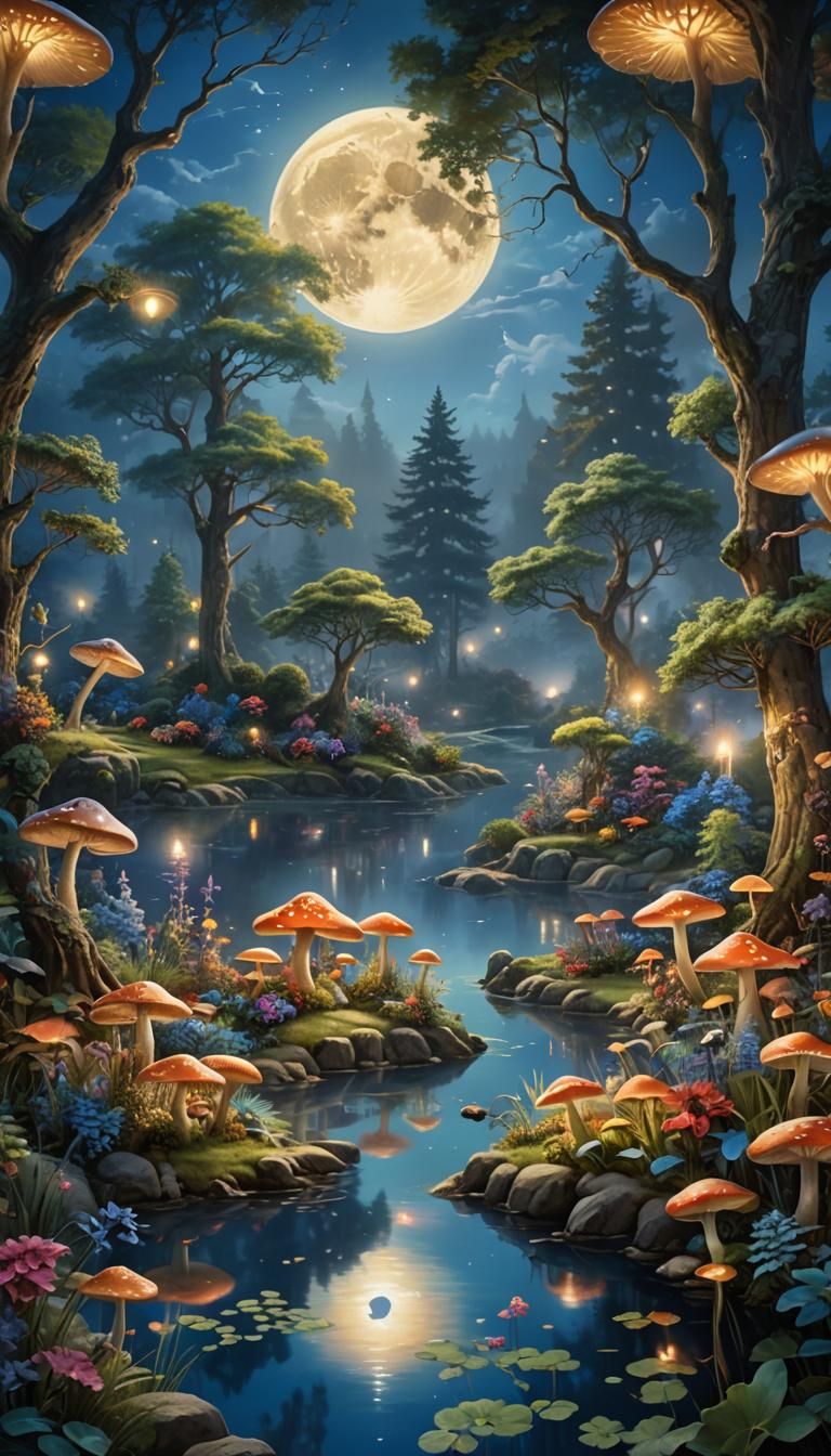 Magical Midnight Garden with Moonlit Lake