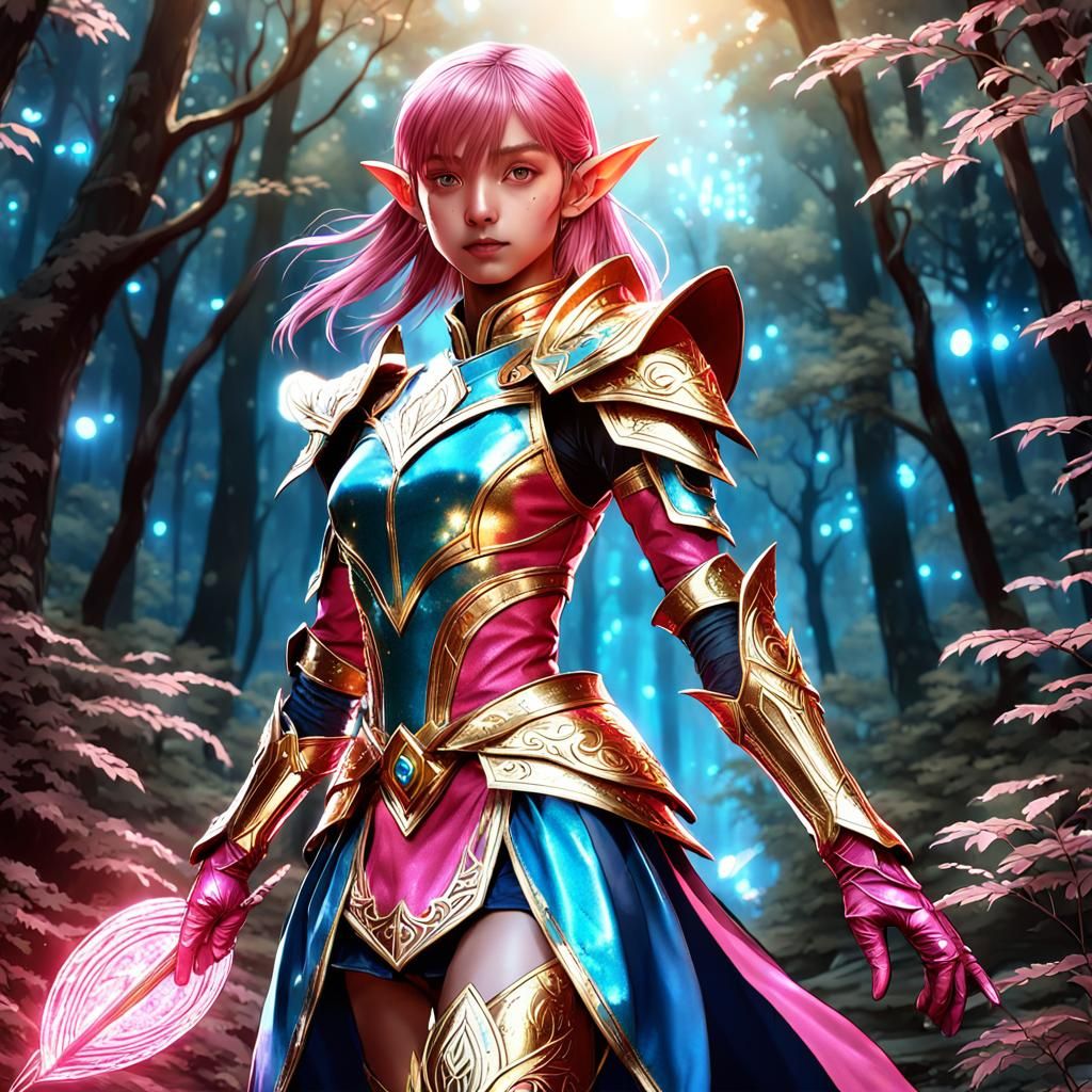 Heroic Elf in Forest Battle, Anime Style
