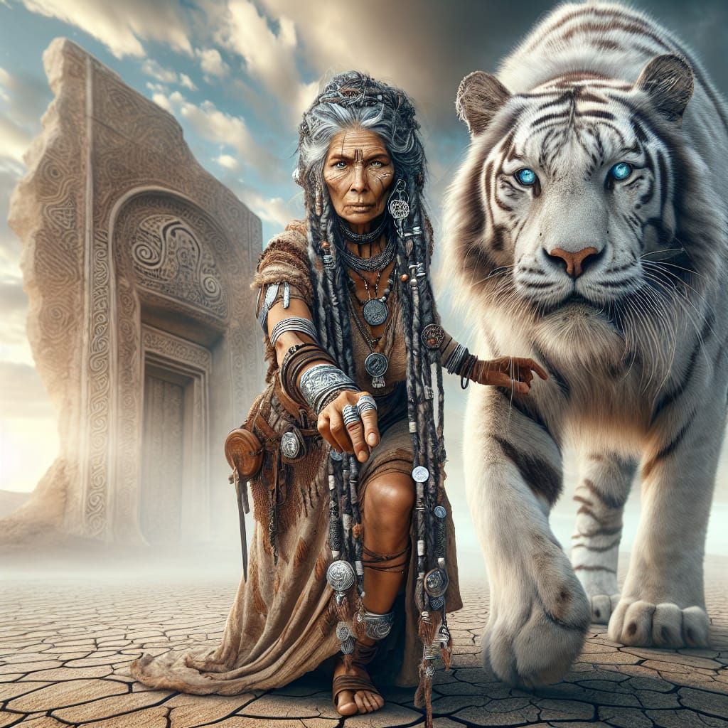 Majestic Indigenous Woman with White Tiger in Celtic City