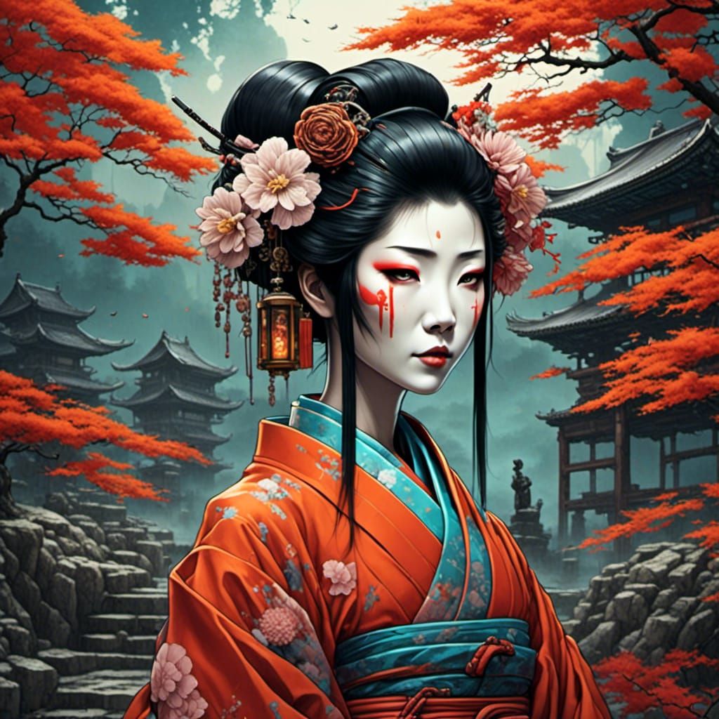 Cyborg Geisha Portrait in Tranquil Garden