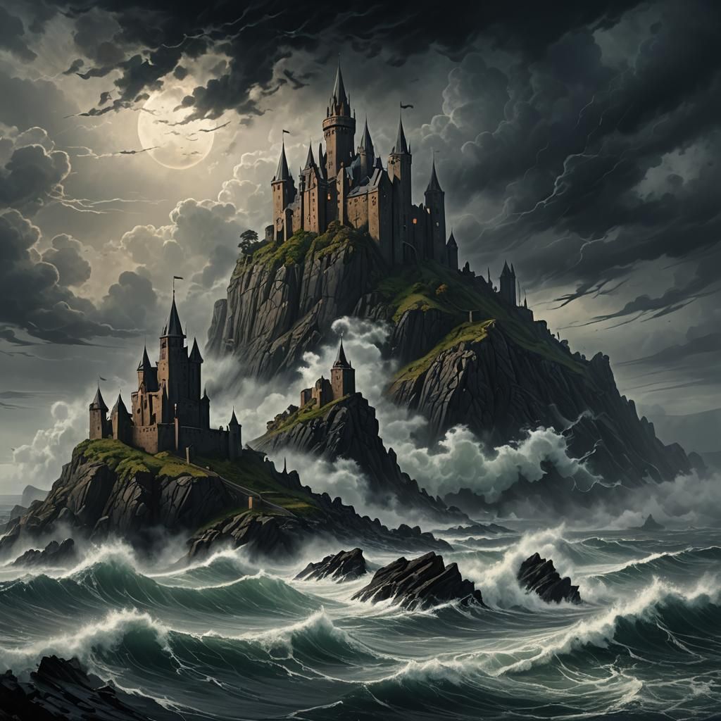 Dark Fantasy Castle on Hill in Rutkowski Style