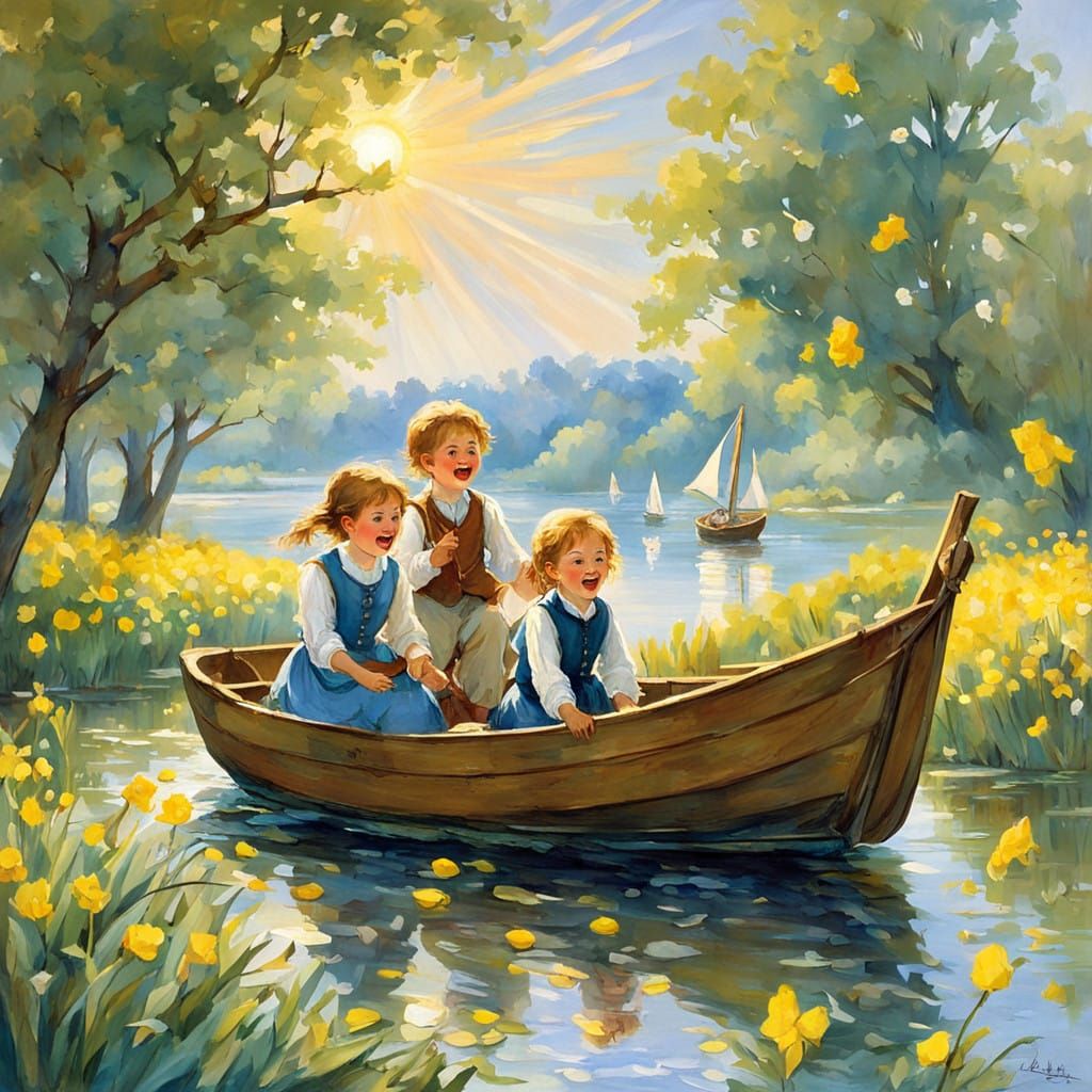 Children at Play on a Sun-Dappled Lake