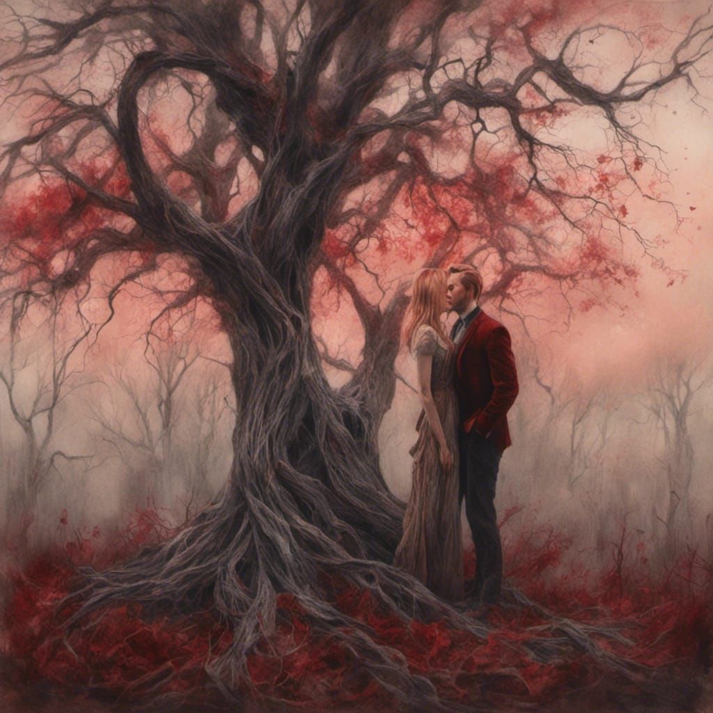 Couple Under Heart Tree in Hyperreal Romanticism