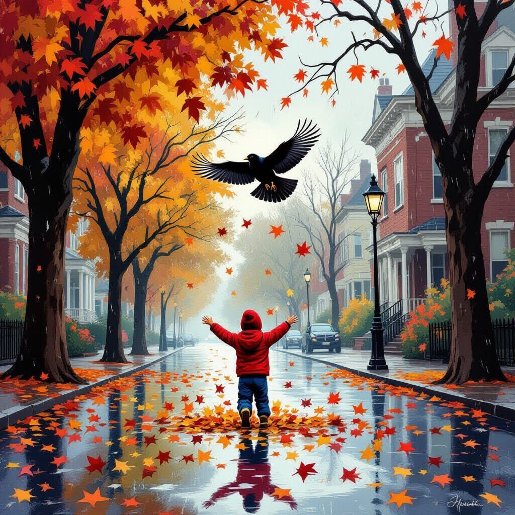 Crow's Eye View of Autumn Street and Child Making Leaf Angel...