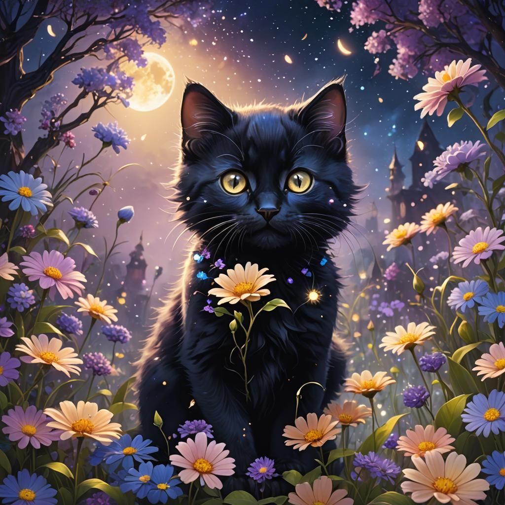 Black Kitten in Moonlit Anime Garden