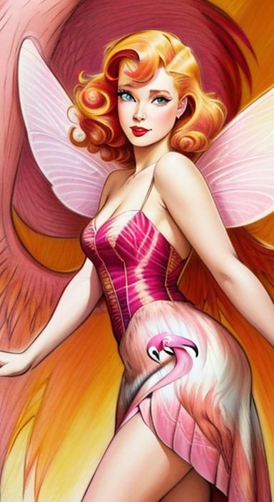Flamingo Fairy Portrait in Ligne Claire Style