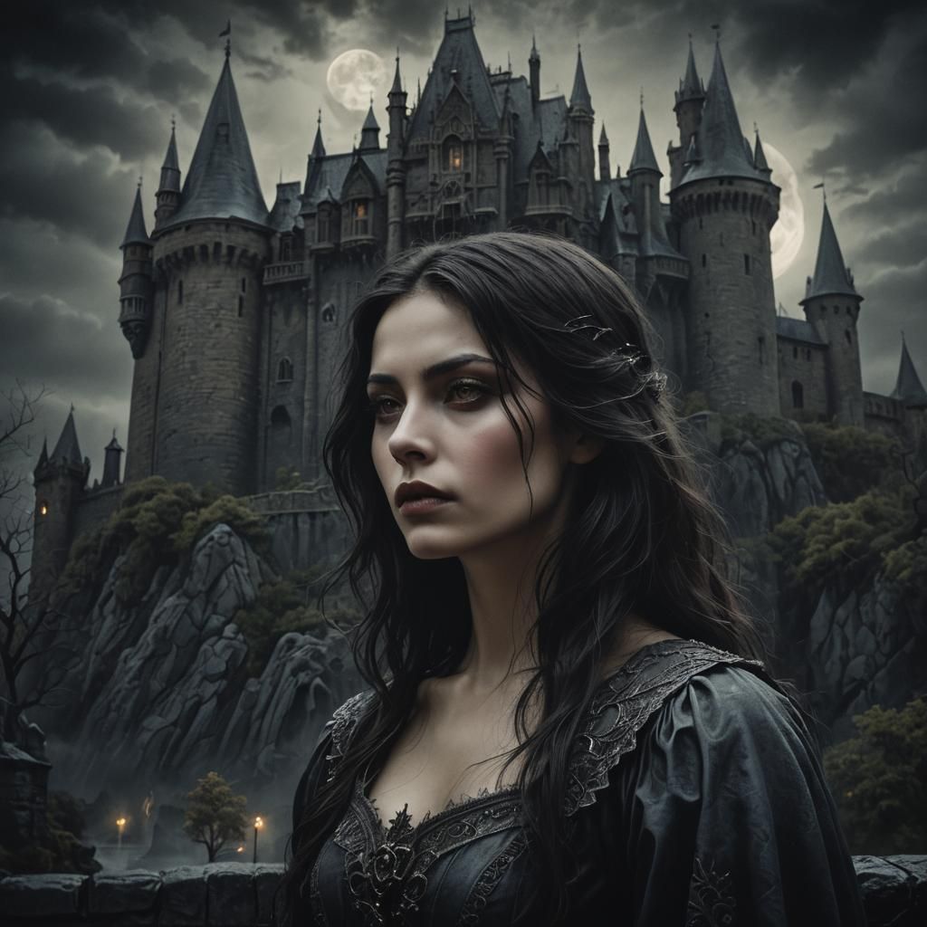 Mysterious Beauty in Dark Romantic Gothic Setting