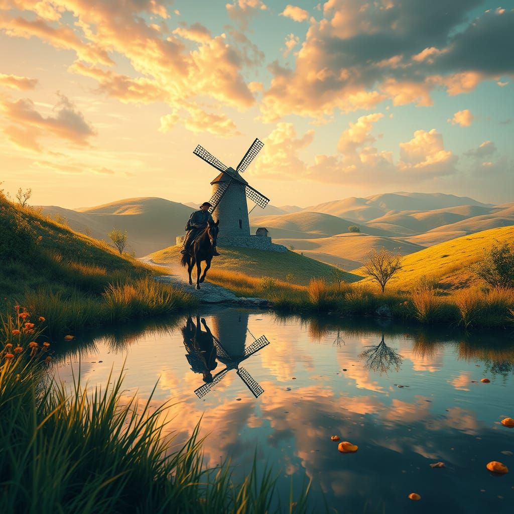 Don Quixote and Sancho Panza Ride into Sunset in a Serene Pr...