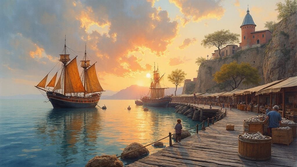 Italian Island Dock Scene as Watercolor Patchwork