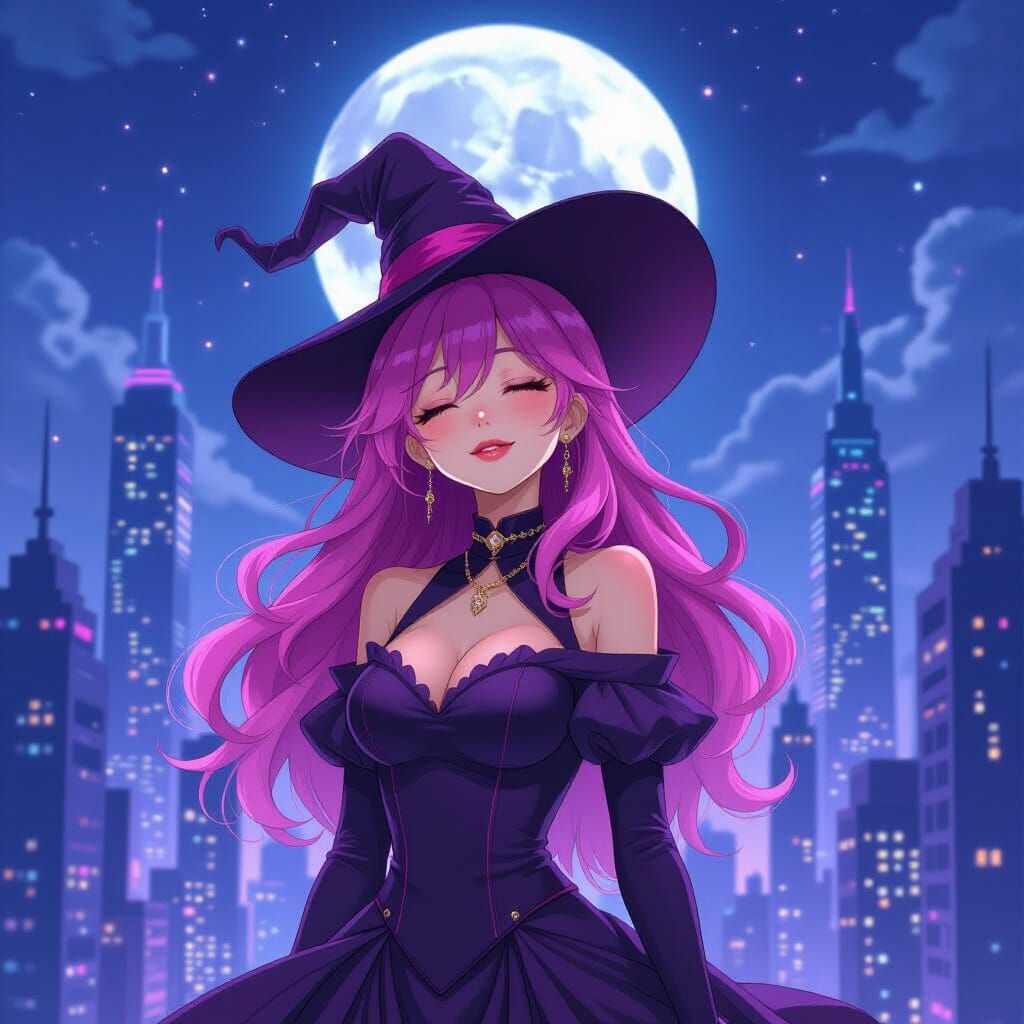 Anime Witch Gazing at Moonlit Cityscape