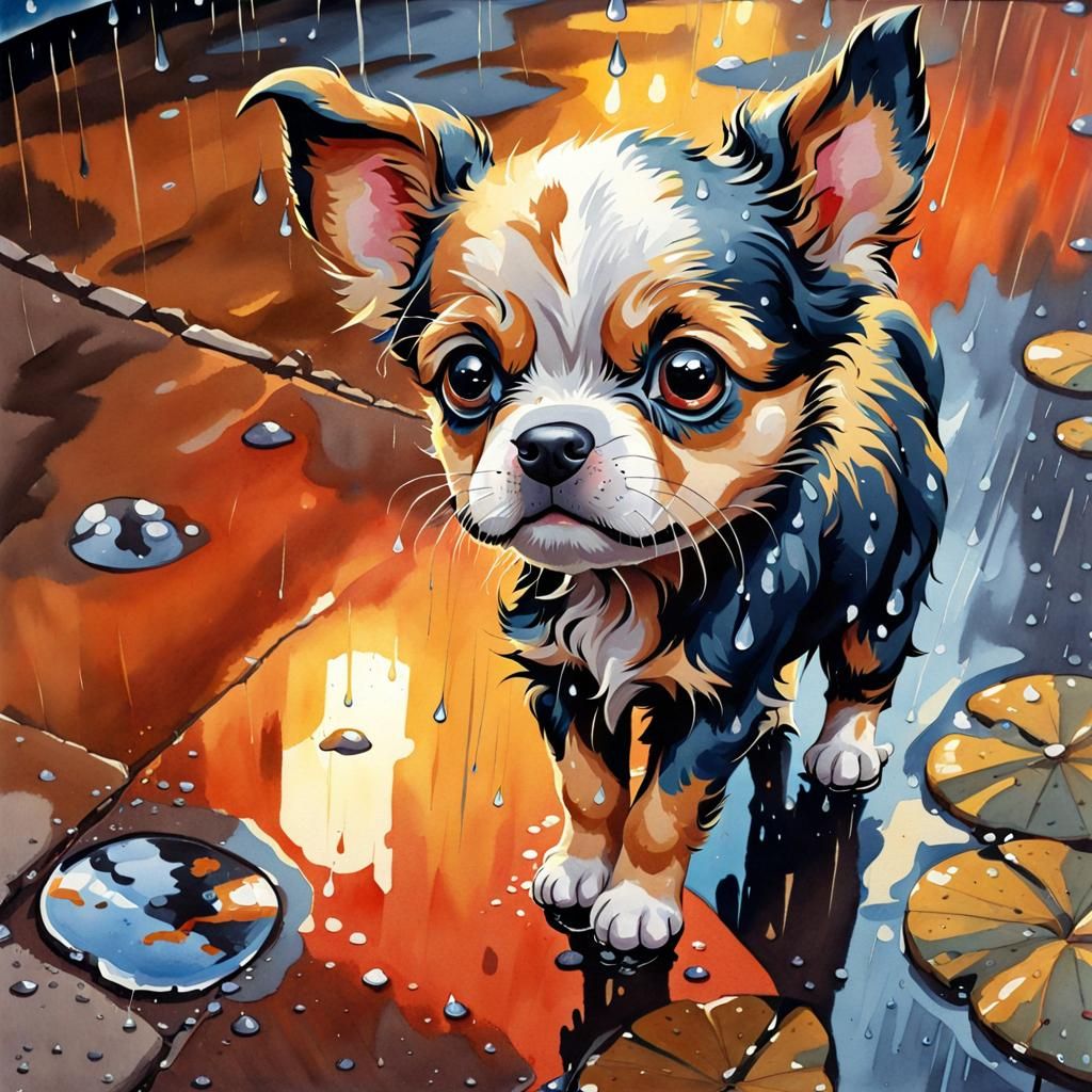 Sad Puppy in Rain: Watercolor Photorealistic Painting