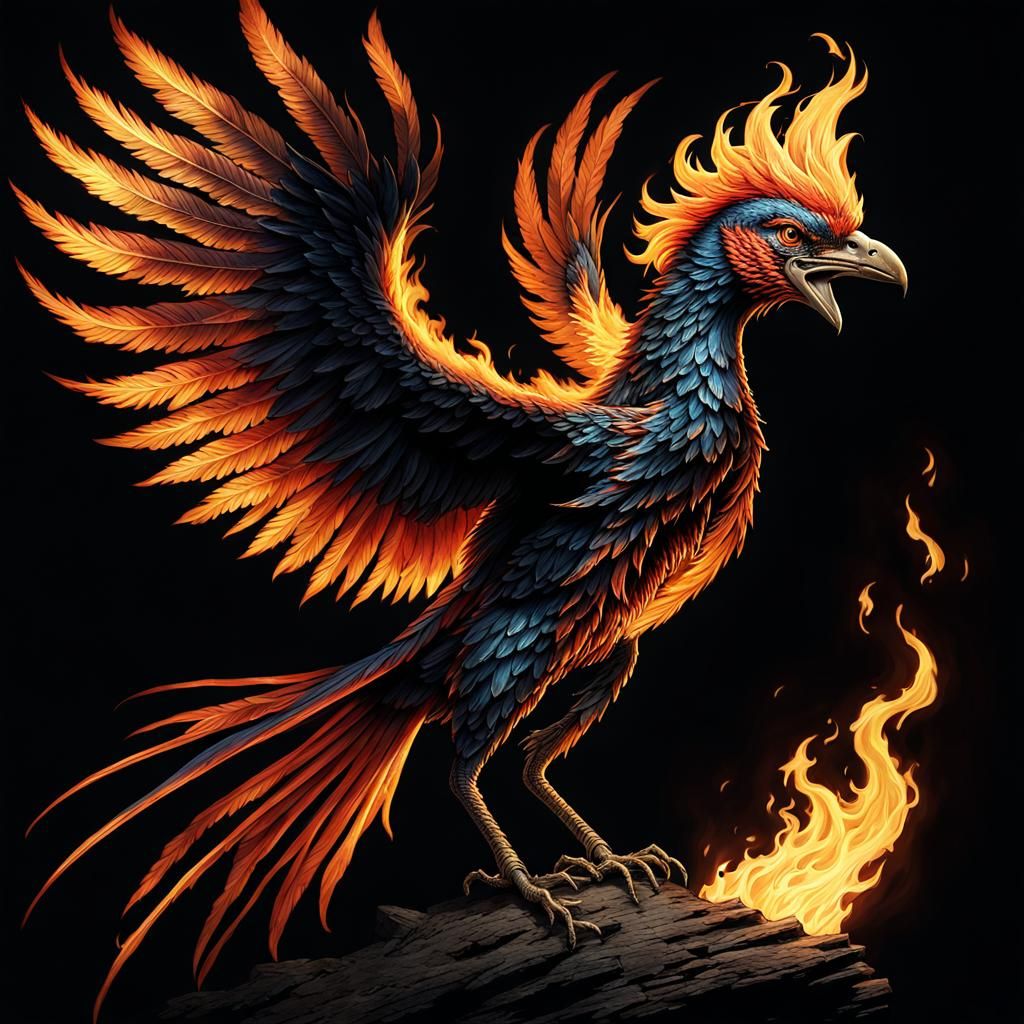 Fiery Anime Firebird in Chiaroscuro Style