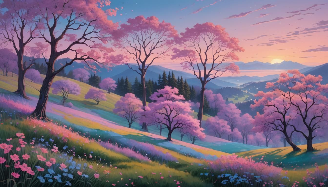 Surreal Dawn: Pastel Flora in a Fantastical Landscape