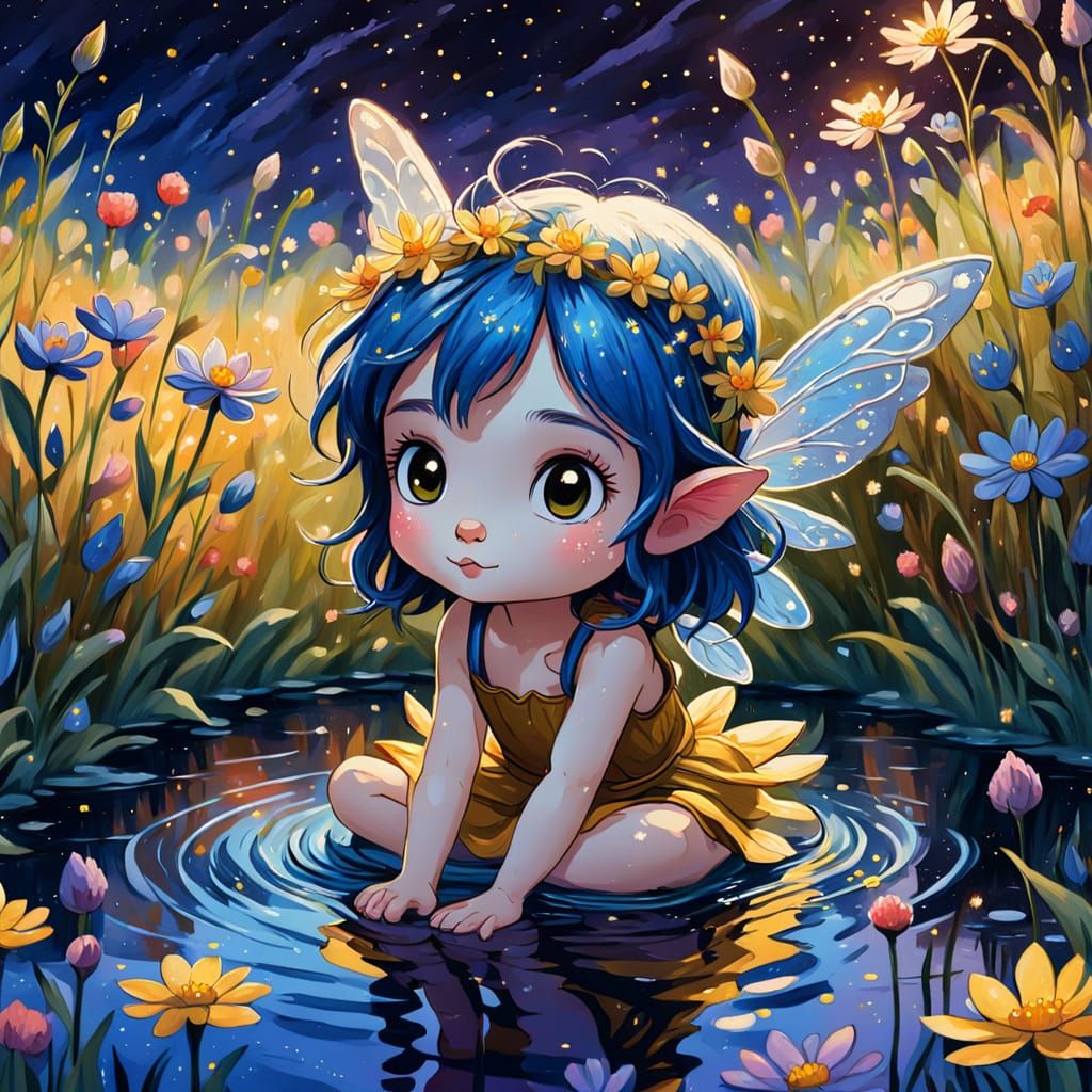 Whimsical Fairy in Wildflower Lake as Gouache Painting