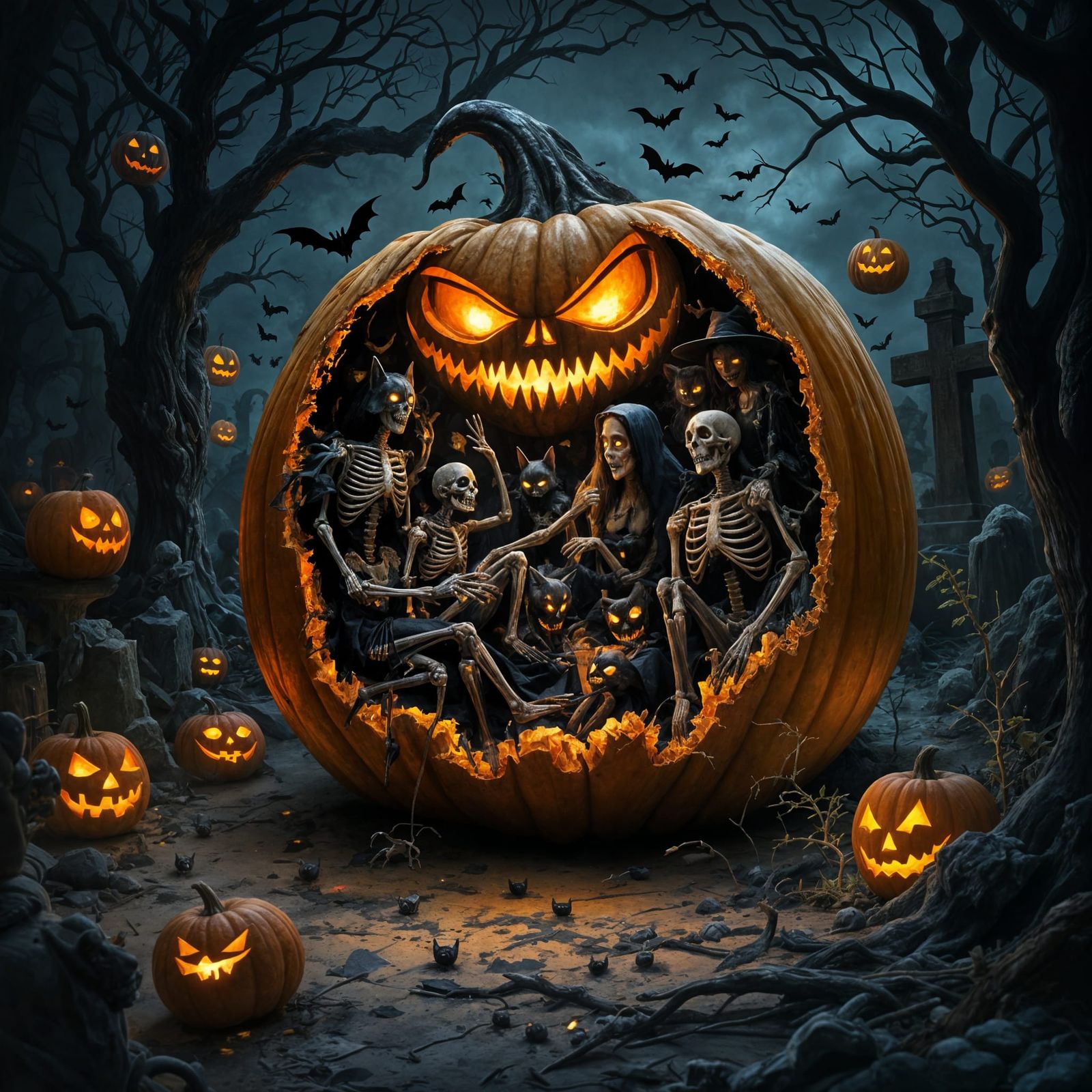 Halloween Graveyard Party with Witch and Skeletons