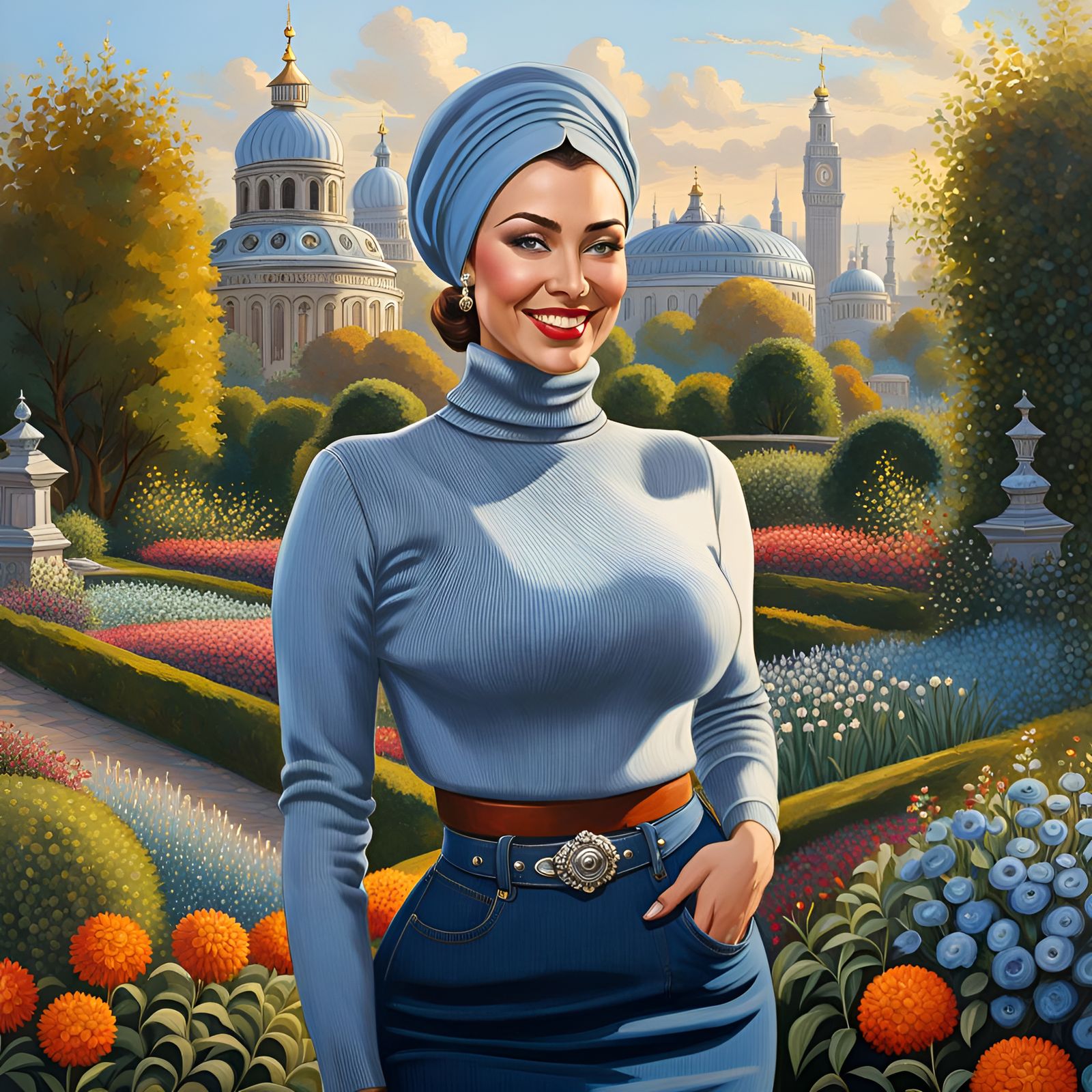 Elegant Curvy Woman in Urban Garden, Digital Art