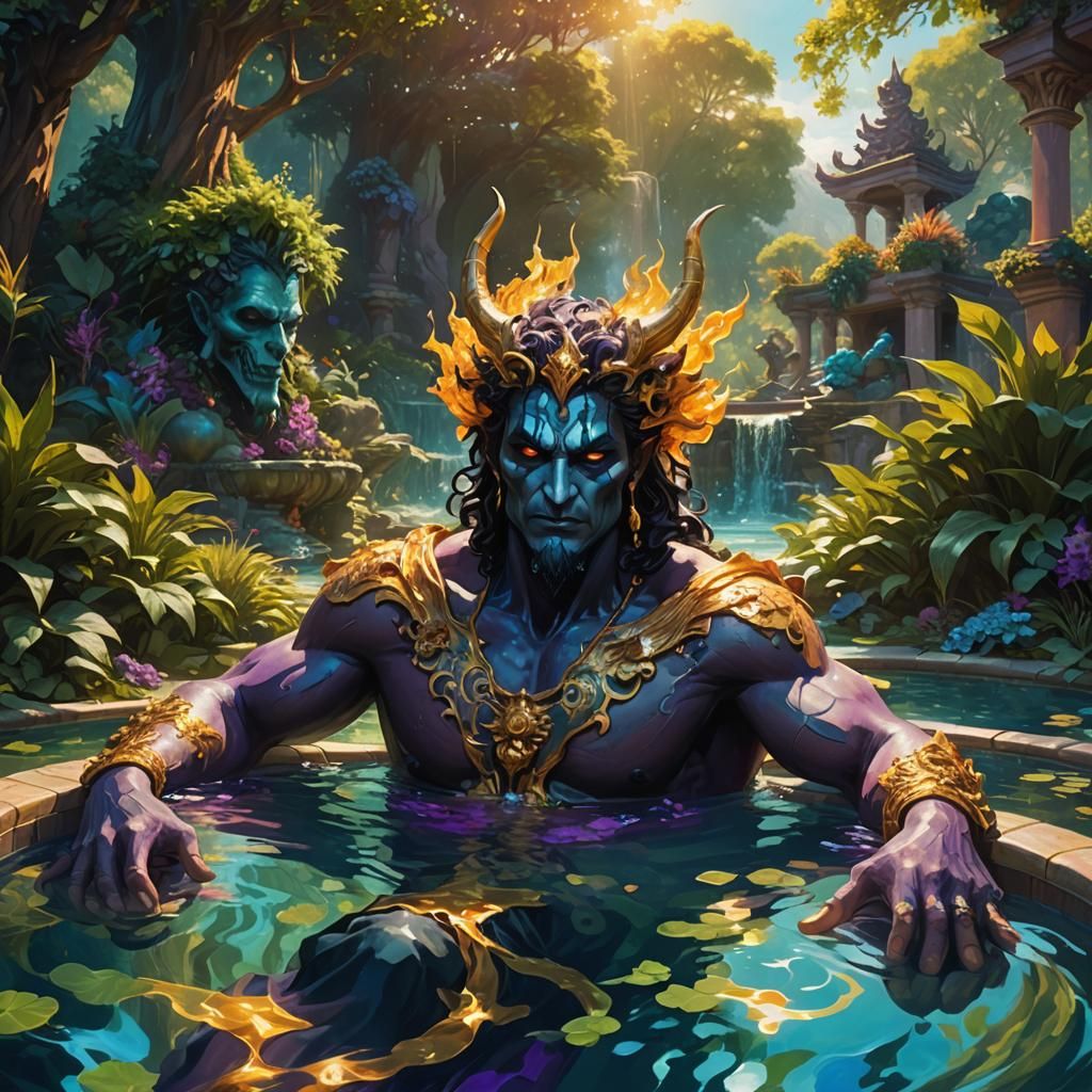 Hades Relaxing in a Pool: Fantasy Oil Painting