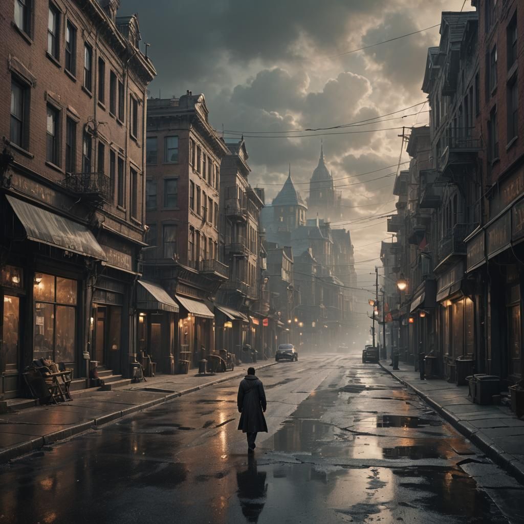 Solitary Man Walks Reflective Street: Digital Matte Painting