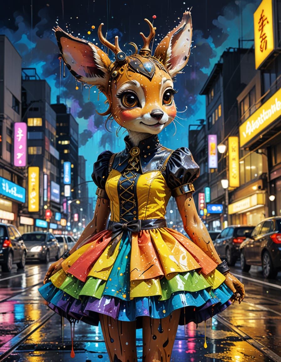 Steampunk Bambi in Rainbow Dress, Vivid Cityscape