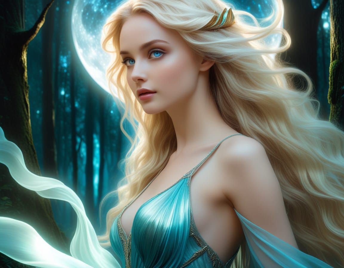 Mythical Creature with Ethereal Eyes in Moonlit Forest