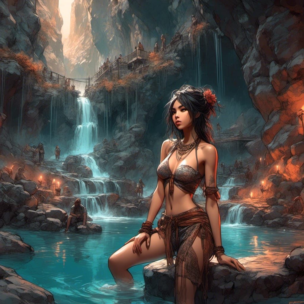Anime Bandit Girl Bathing in Hot Springs Cavern