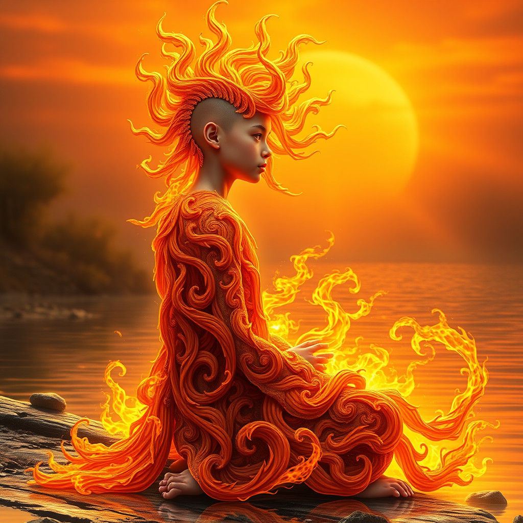 Youthful Sun Deity on Riverbank in Concept Art Style
