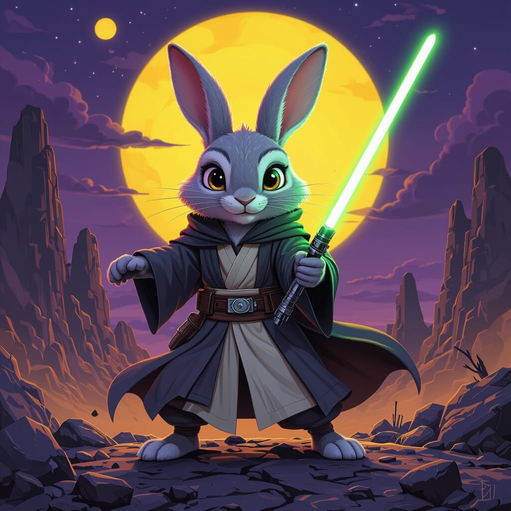 Jedi Hare on Battlefield as Dark Fantasy Art