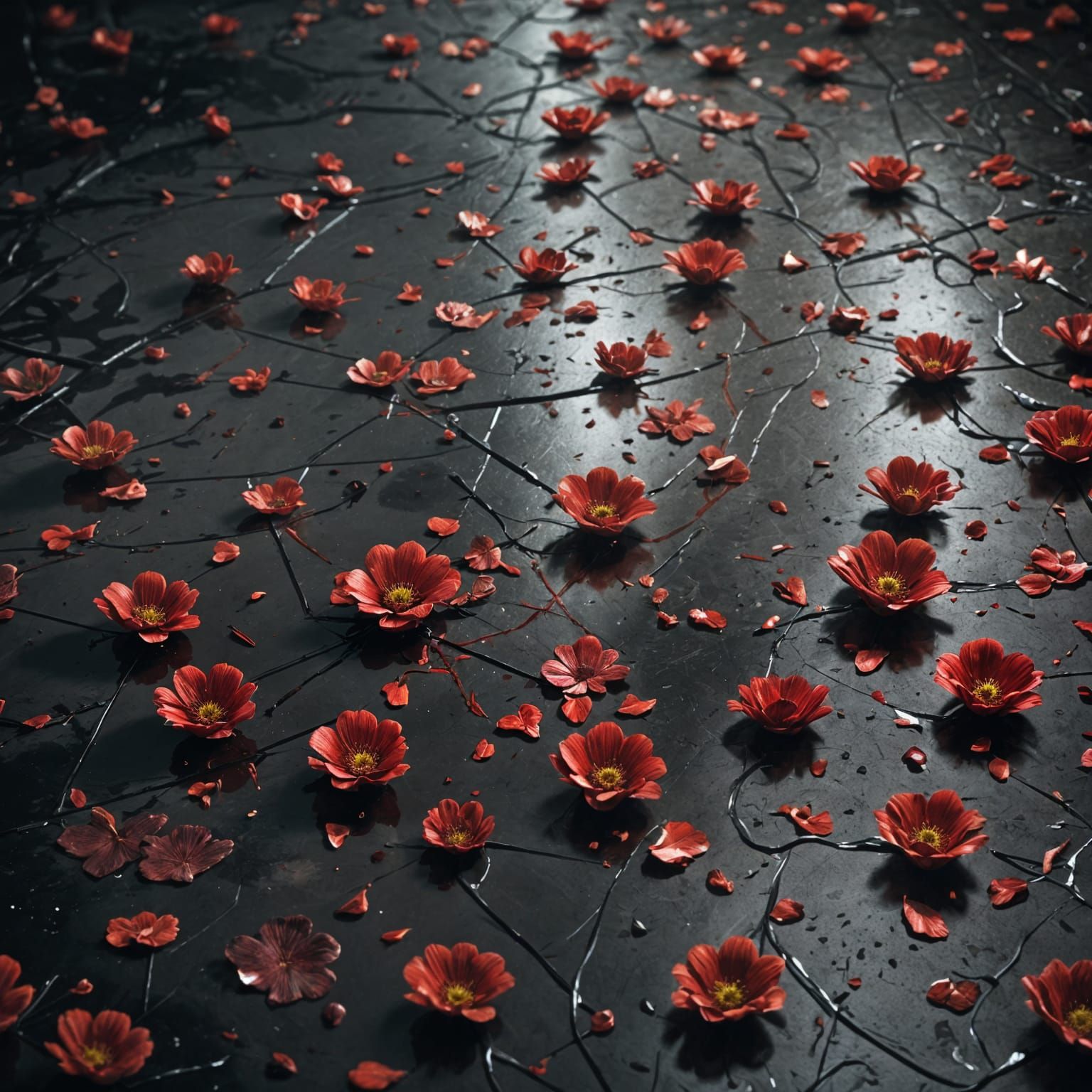 Hyperrealistic Bloody Flowers in Dark Room
