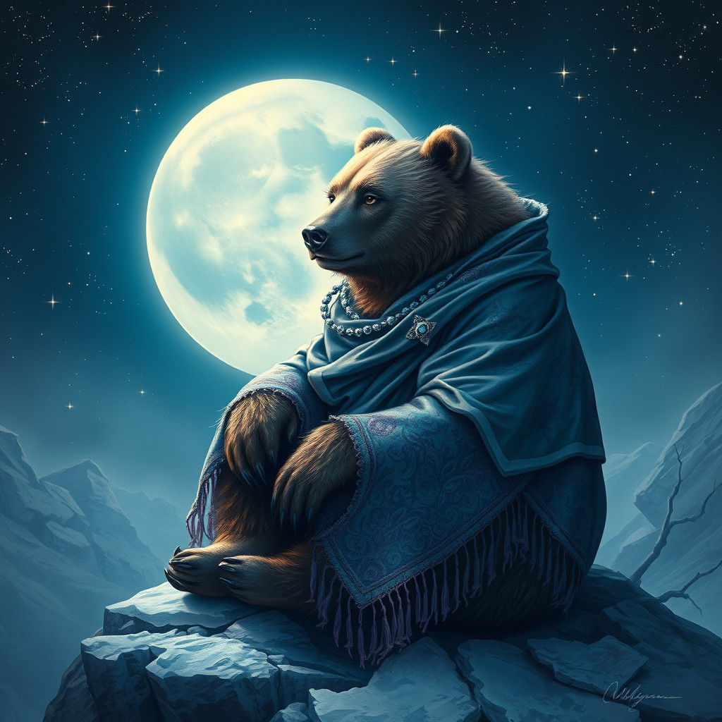 Anthropomorphic Bear in Shawl Under Starry Sky