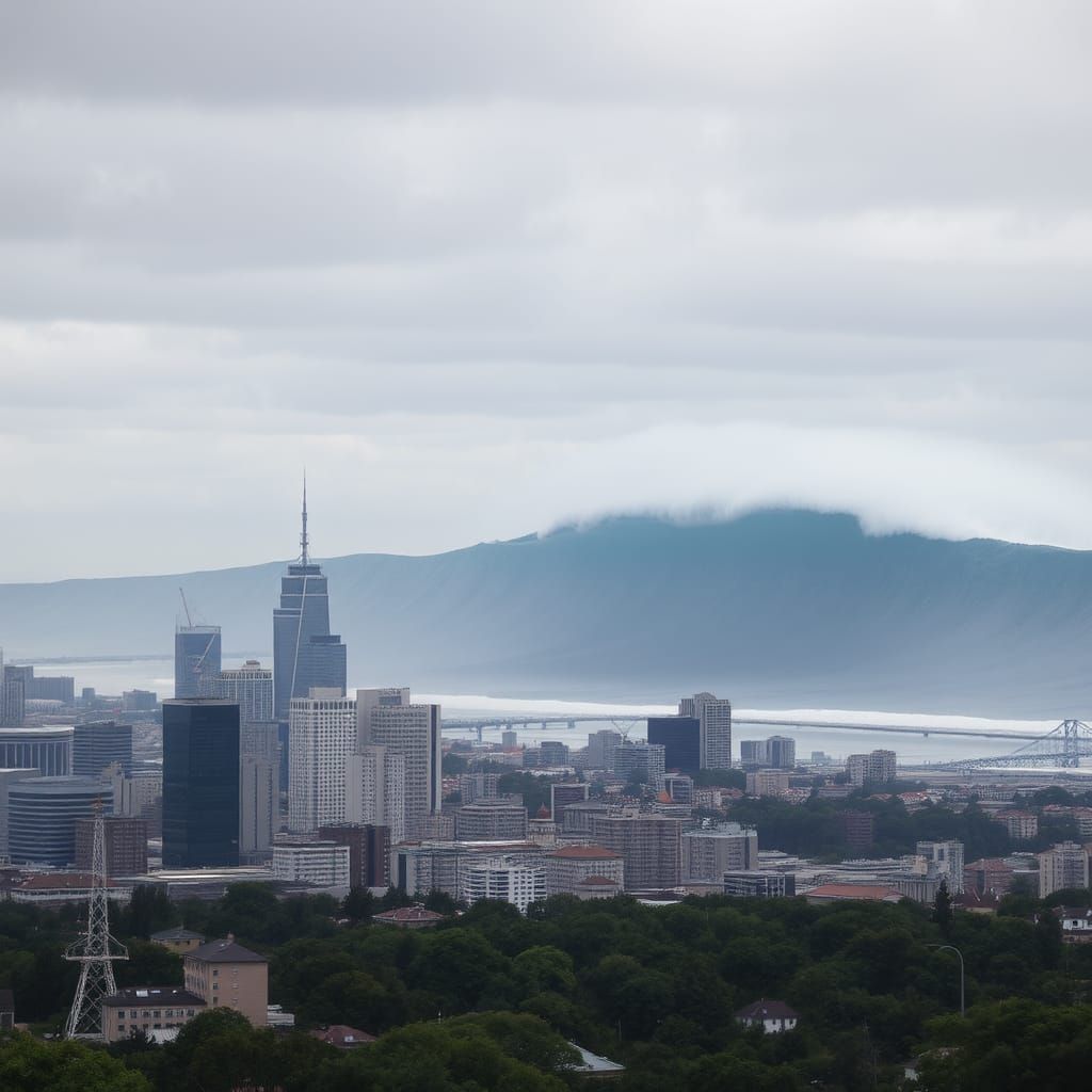 Enormous Wave Approaching City Skyline on Cloudy Day