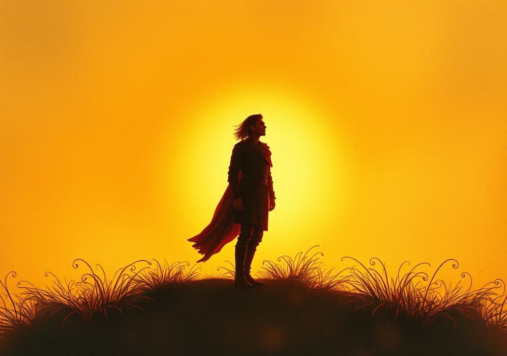 Heroic Figure in Dreamy, Romantic Landscape