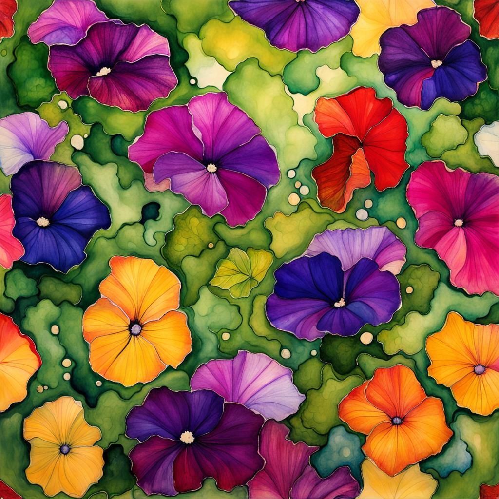 Leprechaun Hiding Behind Petunias in Art Nouveau Style