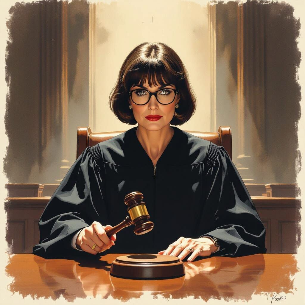 Powerful Judge Bangs Gavel in Courtroom, Dramatic Lighting