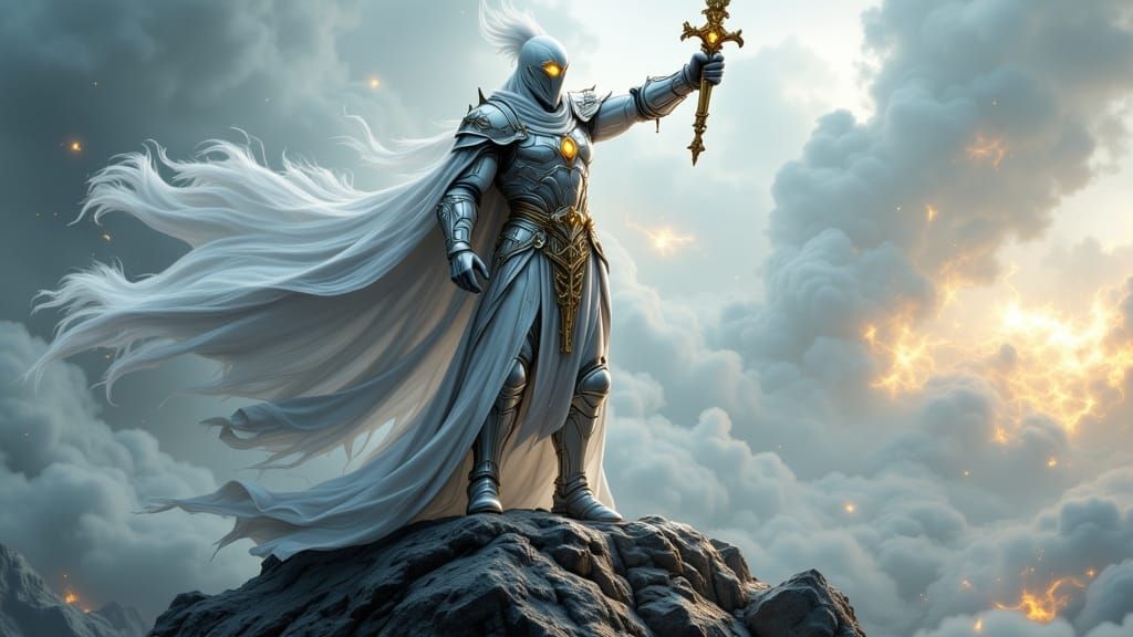 Triumphant Knight in White and Gold Armor