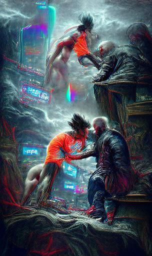 Goku vs Jiren in Cyberpunk Hyperrealism