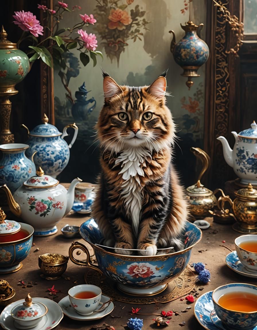 Majestic Cat in Teacup: Hyperdetailed Fantasy Portrait