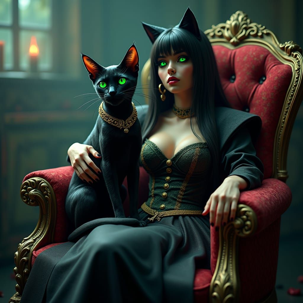 Mystical Cat on Witch's Lap: A Gothic Fantasy