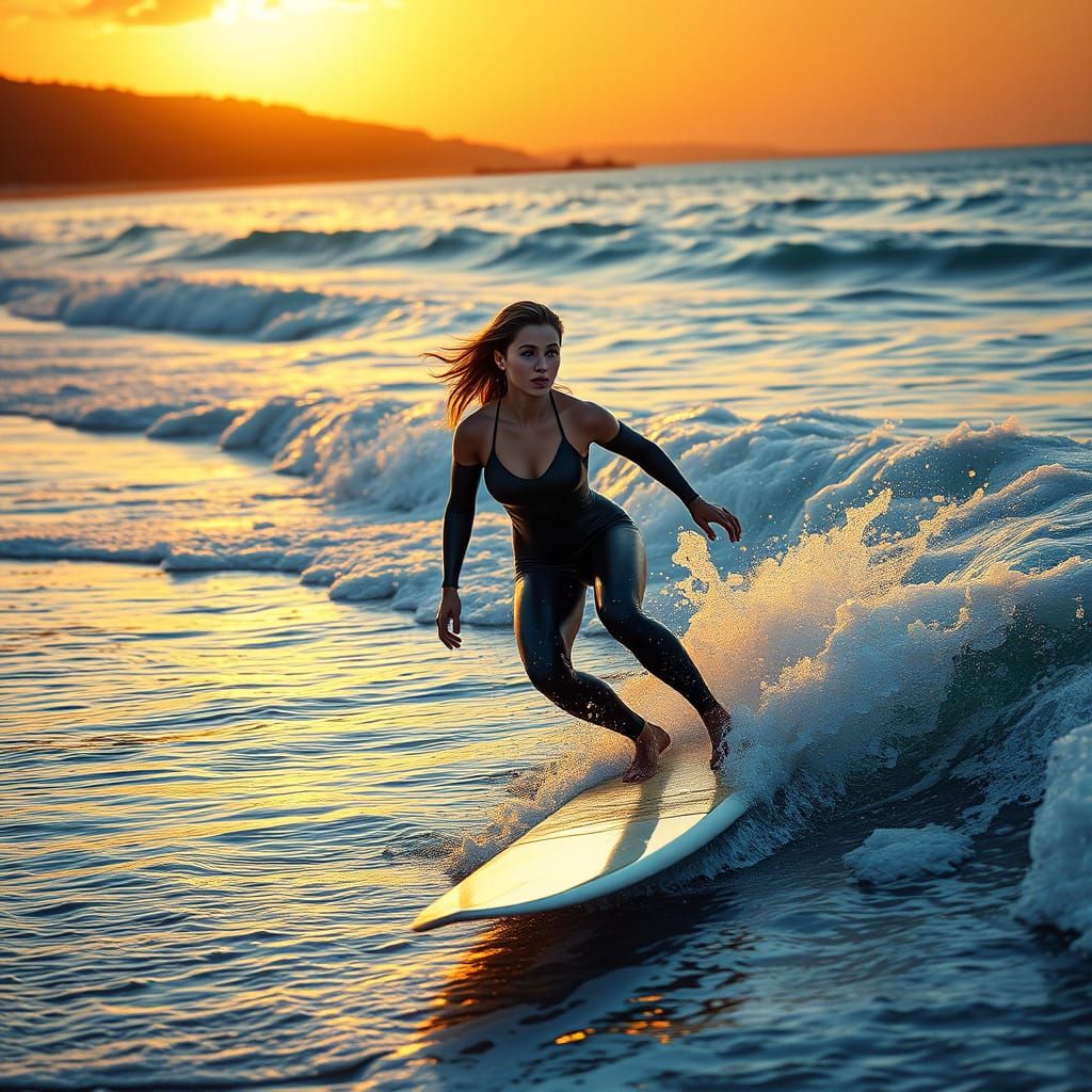Surfer Goddess Rides Sunset Waves