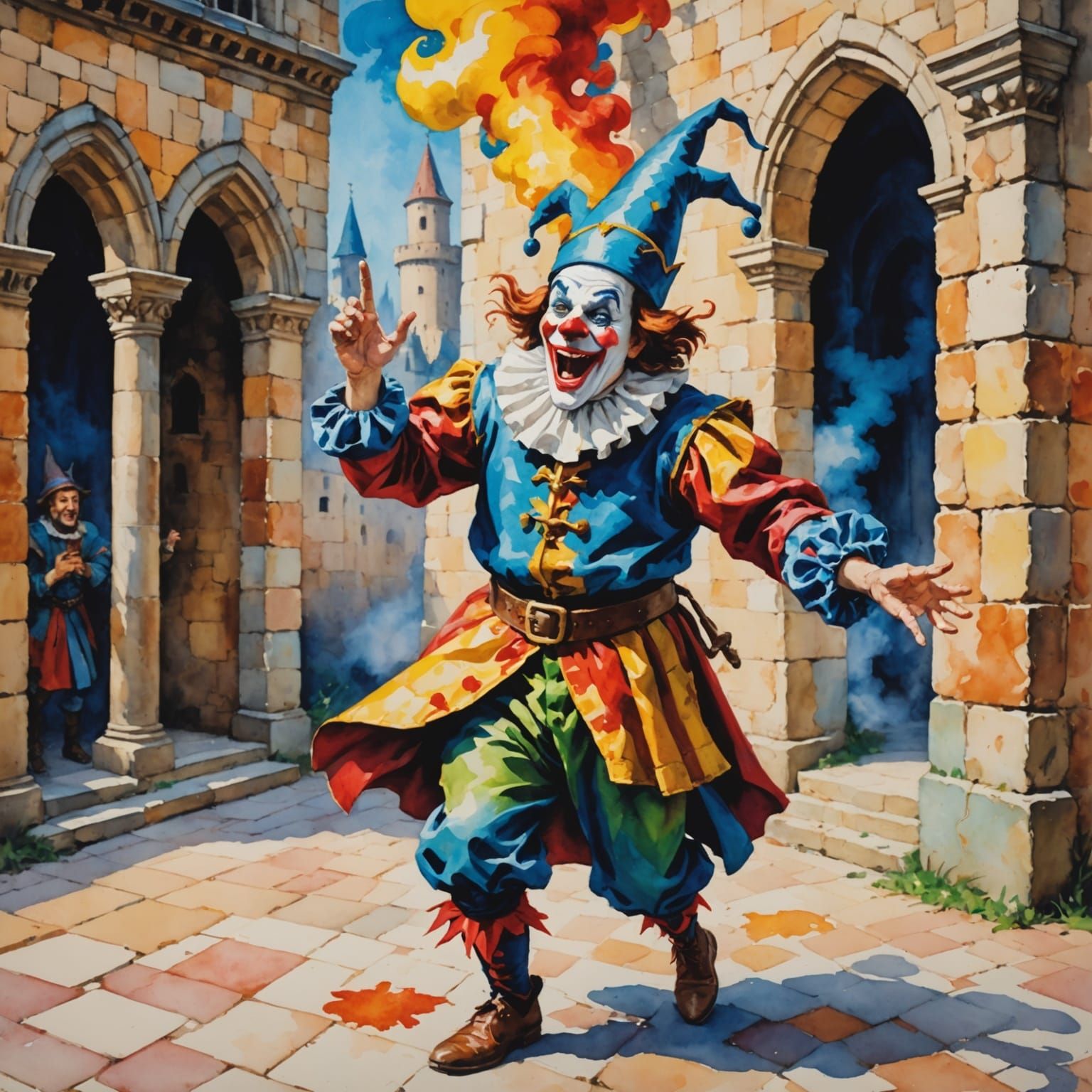 Merrymaking Jester in a Vibrant Gouache Masterpiece