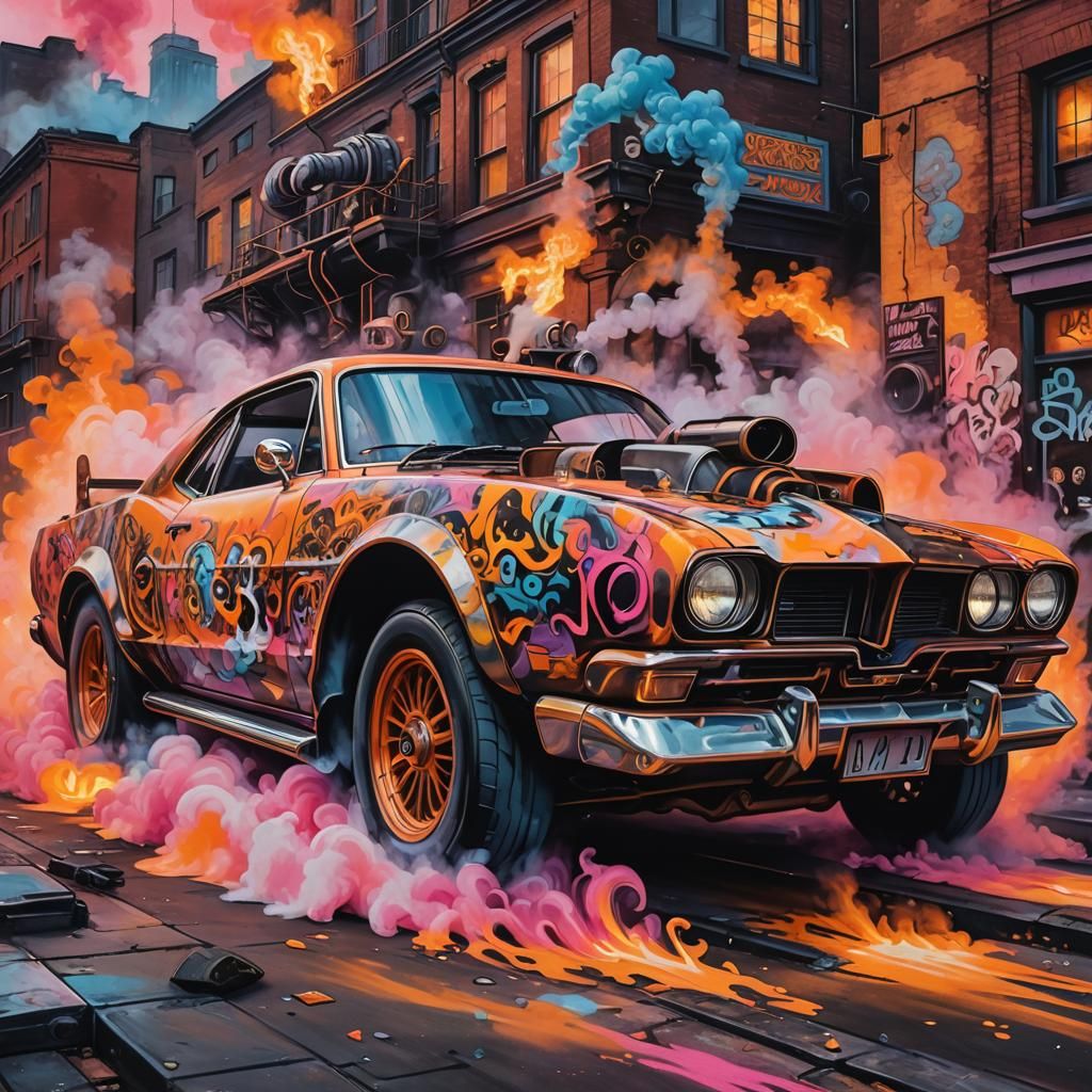 Steampunk Graffiti Car Exhausting Fumes in Neon City
