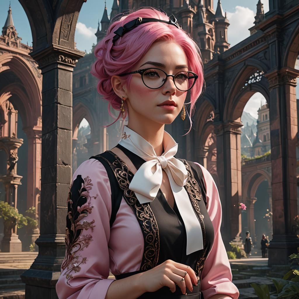 Pink Haired Woman in Black Frock: Fantasy Art