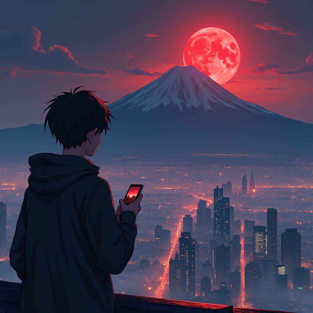 Boy on Skyscraper Gazing at Mountain Range