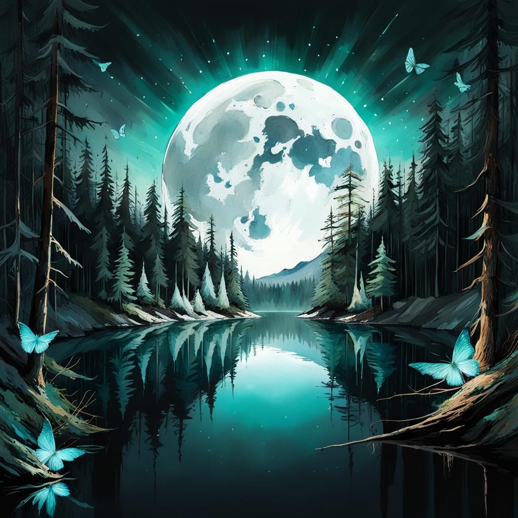 Luminous Moonrise Over Forest with Butterflies