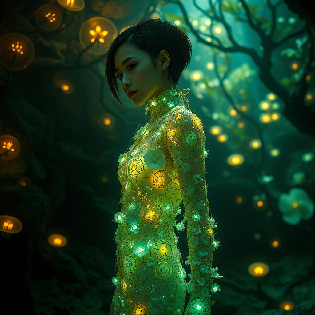 Bioluminescent Bauhaus Jumpsuit in Subterranean Realm
