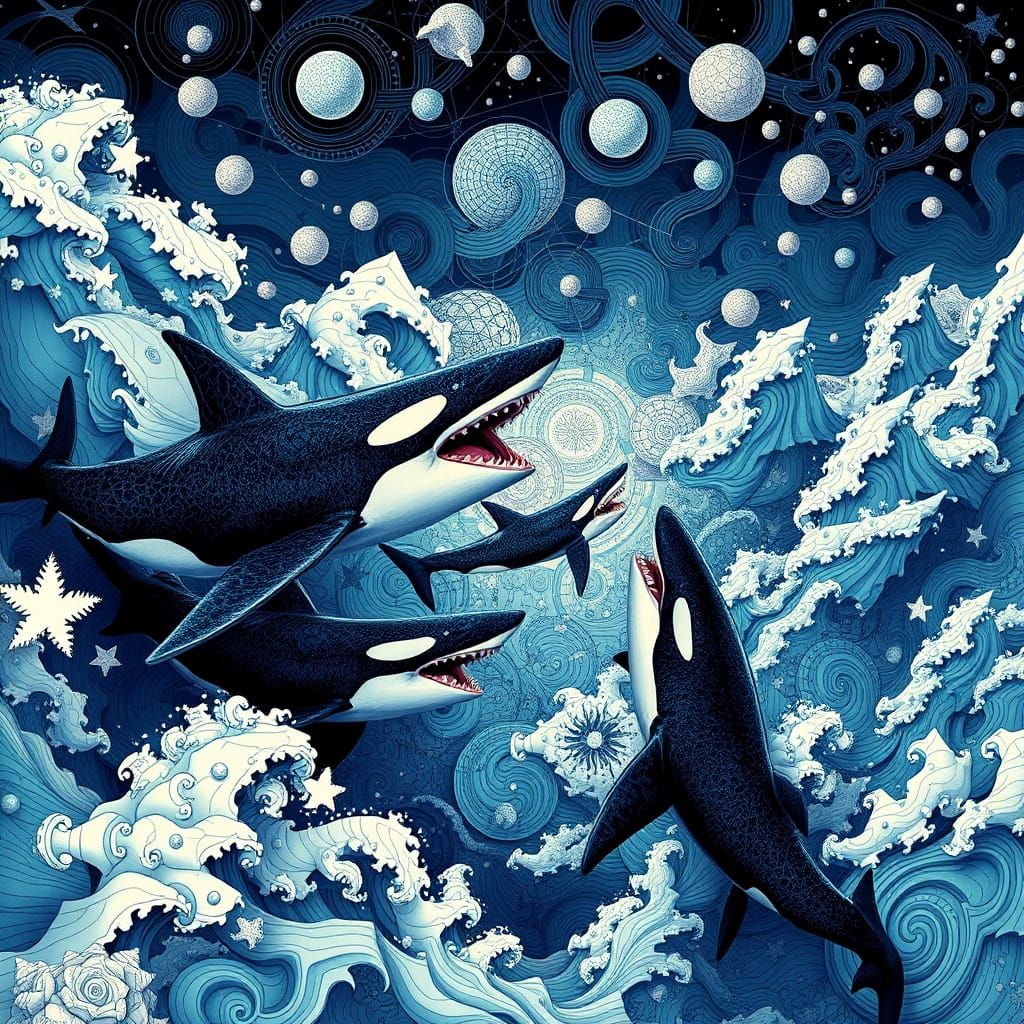 Sharks and Orcas Clash in Escher-esque Ocean
