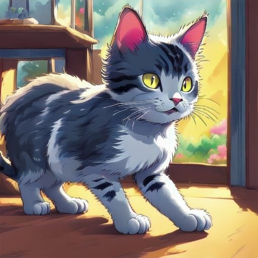 Whimsical Warrior Cat Chases Mouse in Cozy Cartoon Style