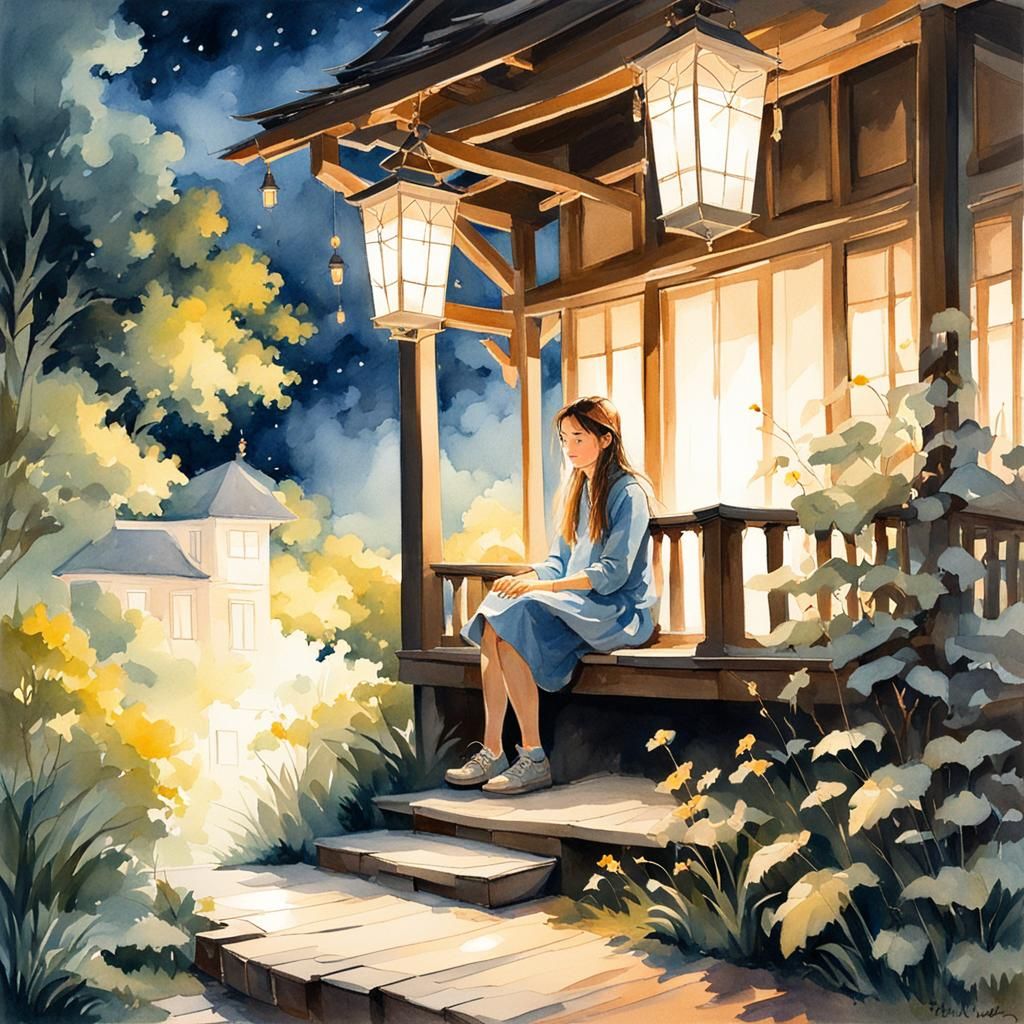 Girl on Porch at Night, Watercolor Style